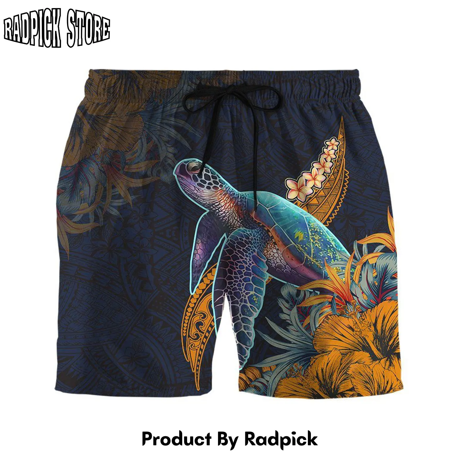 Radpick 3d hawaiian polynesian sea turtle hibiscus custom beach short rp631458